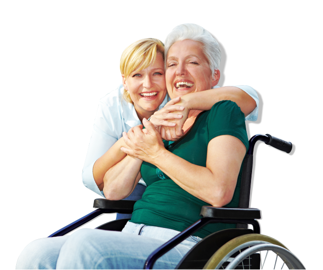 caregiver hugging an elderly woman